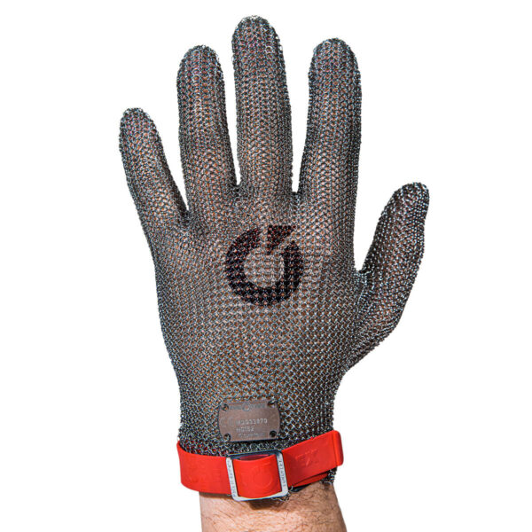 chain mesh chainmail glove for butchers with red stripe